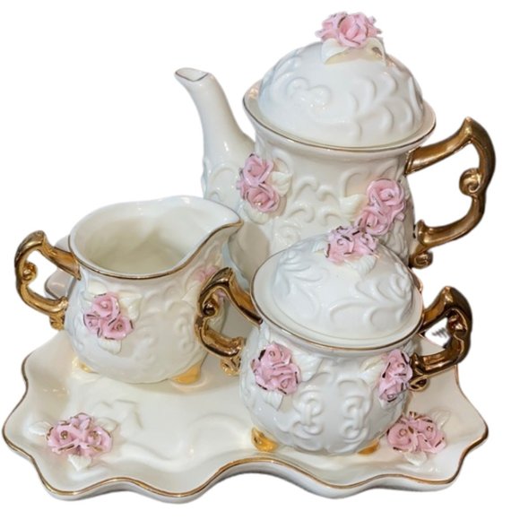 Vintage Handmade Porcelain Tea Set Pink Roses and 10K Gold Trim - Picture 2 of 16